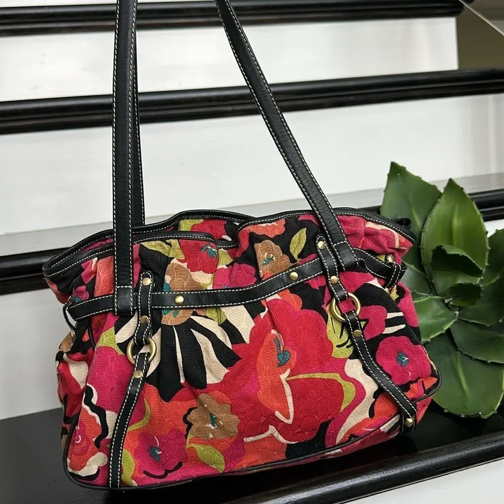 Talbots Canvas Floral Shoulder Bag Purse – Vibrant Colors, Black Trim, Like New - Picture 2 of 8